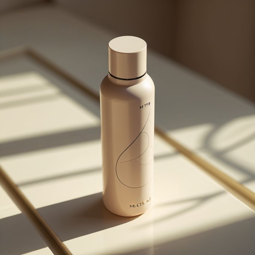 Close-up of premium micellar water bottle