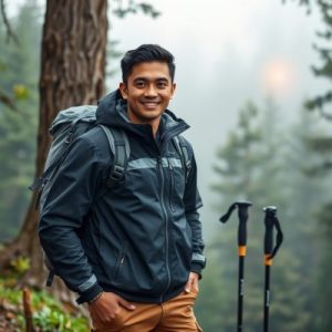 Agus Pratama, ahli outdoor, berdiri di depan pemandangan alam terbuka, mengenakan peralatan hiking dan siap memberikan tips olahraga luar ruangan.