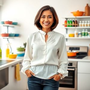 Dewi Lestari, ahli kebutuhan rumah tangga, berdiri di depan rak produk rumah tangga dengan berbagai peralatan rumah tangga berkualitas.