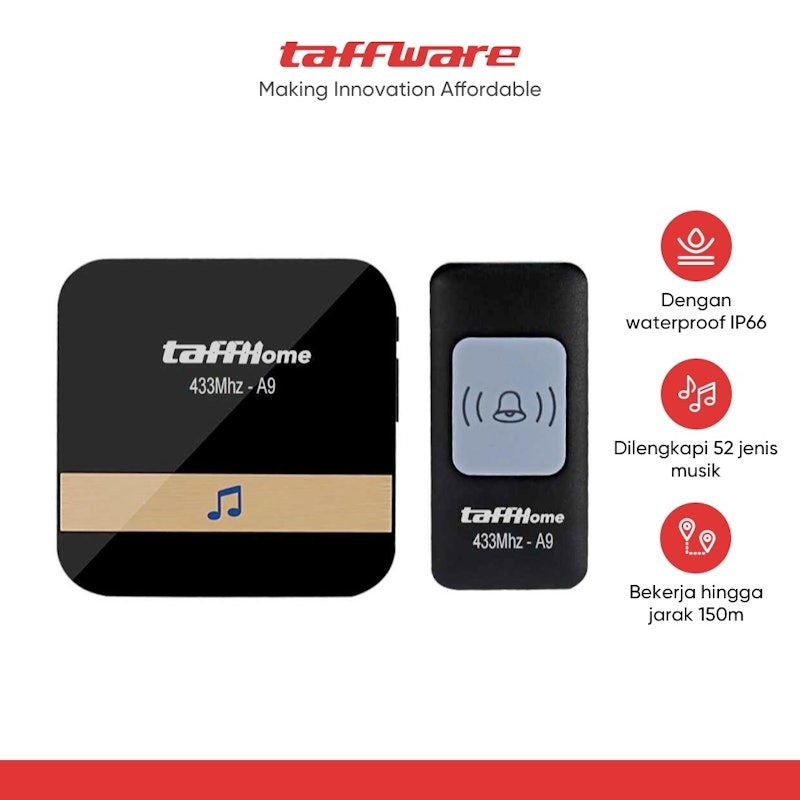 TaffHOME Doorbell Waterproof 52 Tunes 1 Receiver 433Mhz