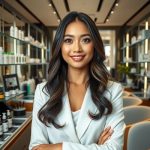Larasati Indah, ahli perawatan tubuh & kecantikan, berdiri di depan meja perawatan dengan produk kecantikan di sekitarnya.