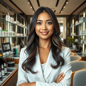 Larasati Indah, ahli perawatan tubuh & kecantikan, berdiri di depan meja perawatan dengan produk kecantikan di sekitarnya.