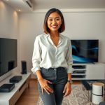 Rina Wulandari, ahli elektronik rumah tangga, berdiri di depan rak perangkat elektronik, siap memberikan tips dan rekomendasi.