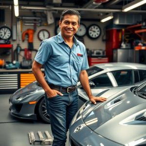 Rudi Santoso, ahli otomotif, berdiri di depan bengkel dengan kendaraan yang sedang diperbaiki, siap memberikan tips dan ulasan tentang perawatan kendaraan.